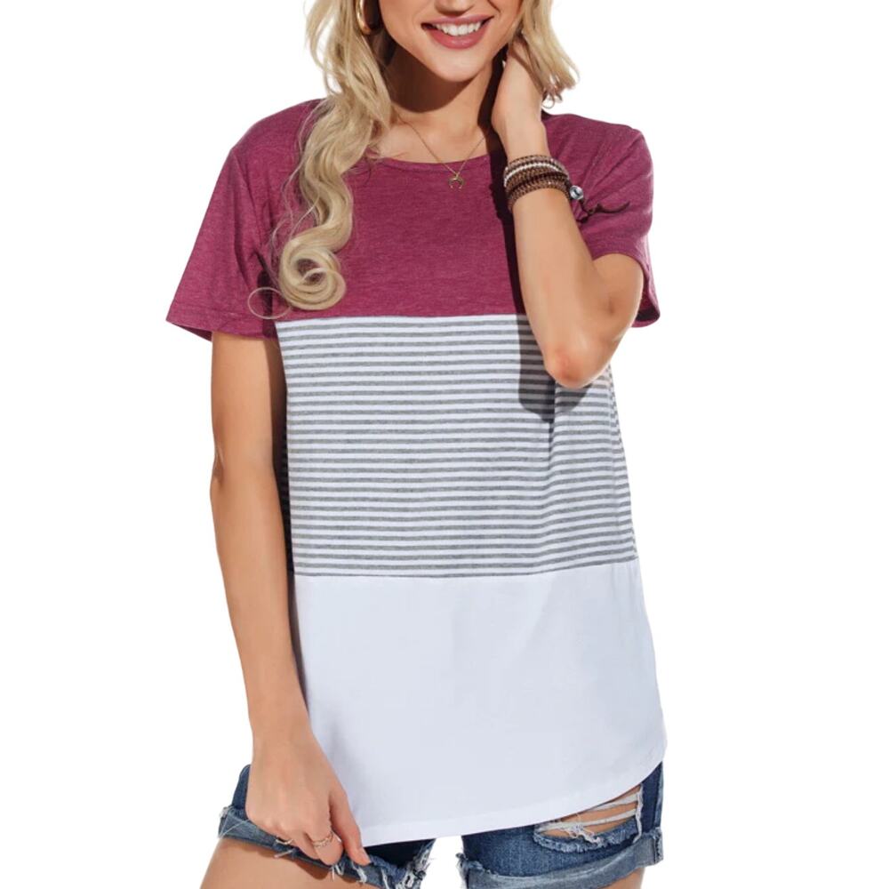 Casual Short Sleeve Round Neck Triple Color Block Striped T-Shirt Size L